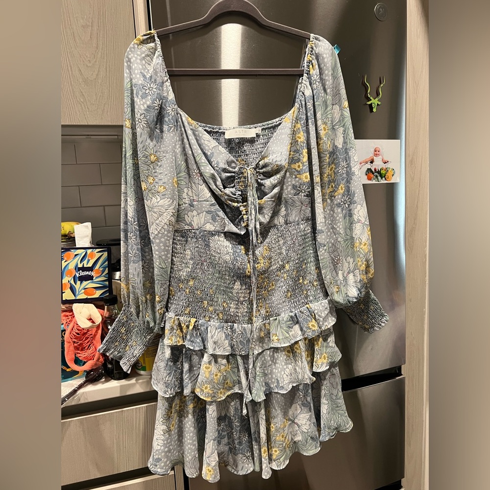 Astr Blue and Green Smocked Dress